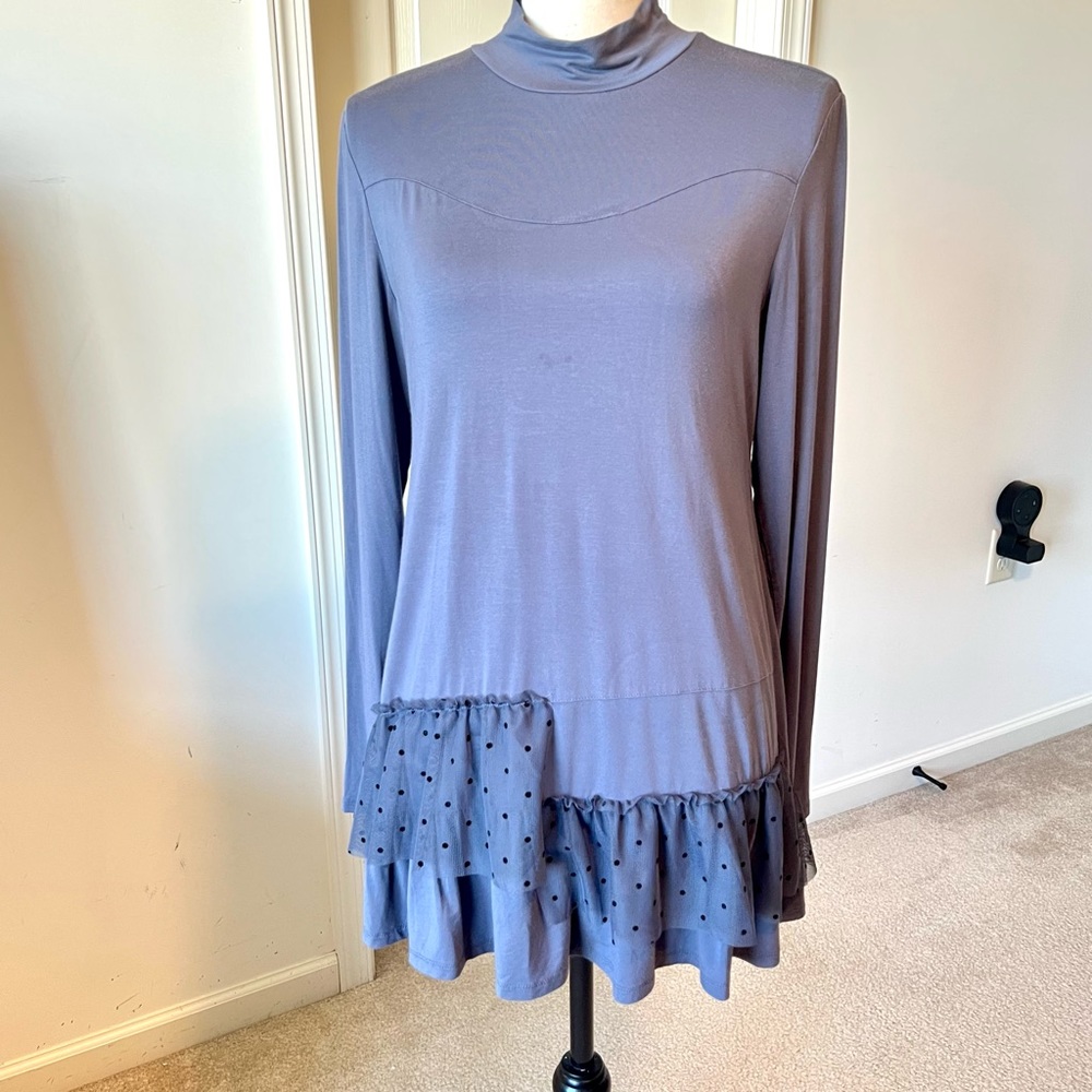 LOGO By Lori Goldstein Ruffled Polka Dot Hem Tunic Blouse—SZ. Small